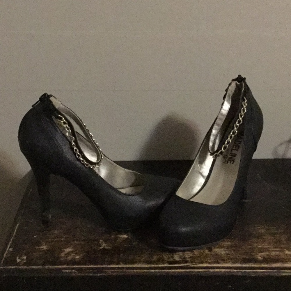 Black Chunky Heels with Gold Chain Straps